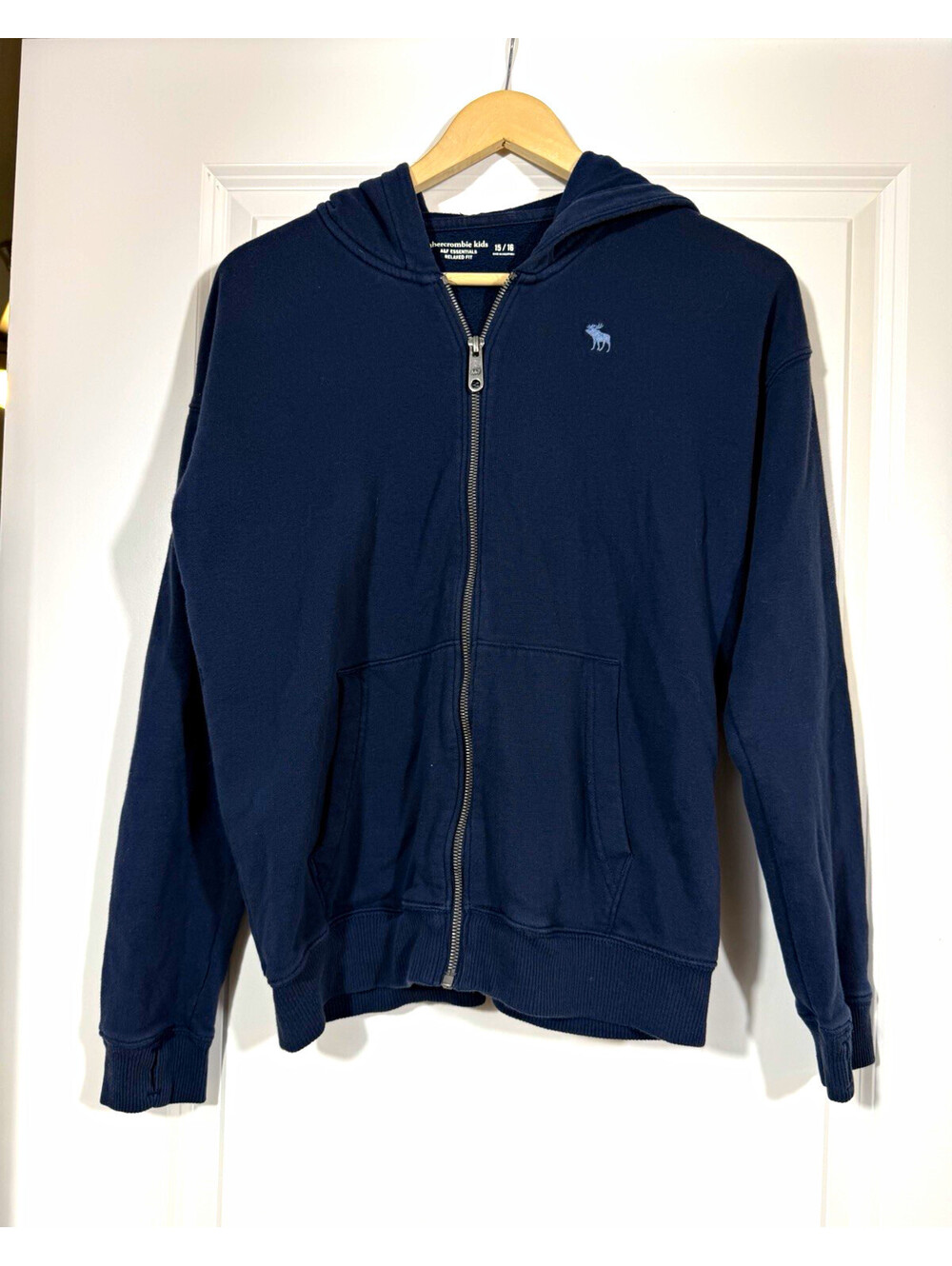 Abercrombie Kids Navy Zip-Up Hoodie Youth 15/16 Relaxed Fit Moose Logo Y2K